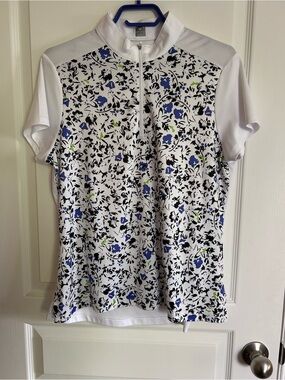 Callaway White Short Sleeve Golf Top with Blue and Black Floral Print